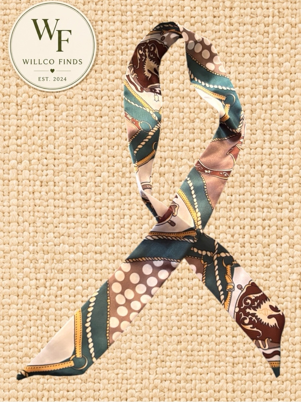 Equestrian Horse Bit Skinny Scarf Twilly Teal Brown Polka Dot 34”